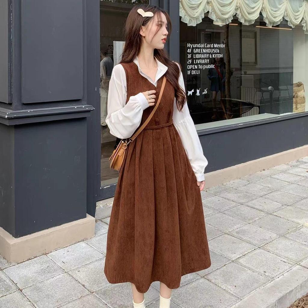 Women's Sweet Corduroy Dress & Top Set - Preppy Style, Autumn Fashion, Waist-Hugging Skirt, Two-Piece