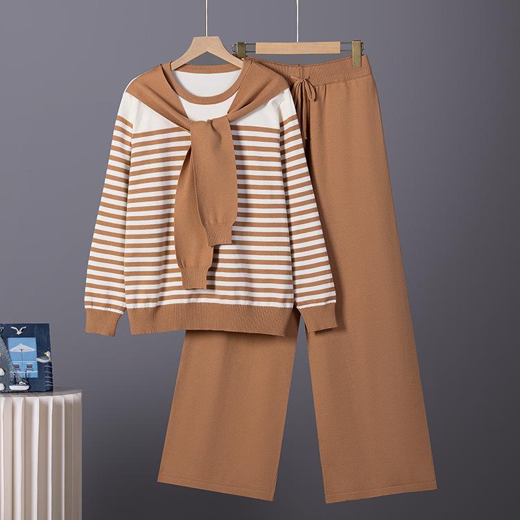 

Элегантный вязаный комплект в полоску: Женский свитер и широкие брюки One Size