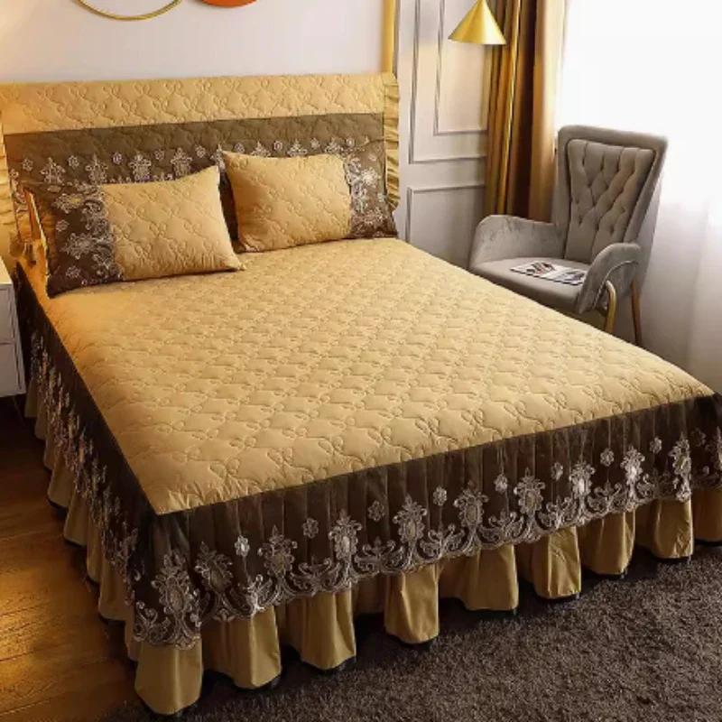 3-Piece Bed Skirt Set Modern Minimalist Lace Dustproof Machine Washable Thickened Bed Covers for Home