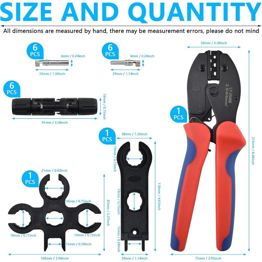 This heavy-duty solar cable crimping tool includes 6 pairs of panel connectors, 1 cable crimping pliers, 1 right-angle wrench, and 1 Phillips wrench.