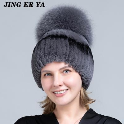 JINGERYA Bayan Gerçek Kürk Kap Kadın Şapka Iyi Elastik Doğal Kabarık Gerçek Tilki Kürk Şapka Yeni Kış Kadın Örme Gerçek Rex Tavşan Kürk Şapka