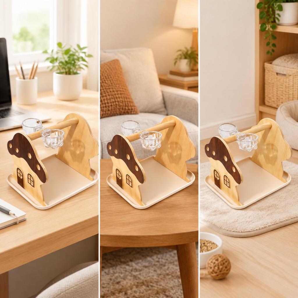 Wooden MushroomShaped Bird Stand Stable Tabletop with Catch Tray Easy to Clean for