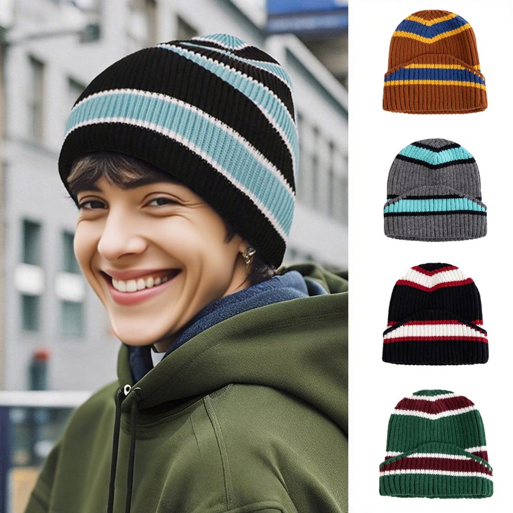 Unisex Kpop Style Winter Hats,Fashionable Beanie Hats For Young People, Couple Street Hats, Elegant Striped Design Knitted Hats
