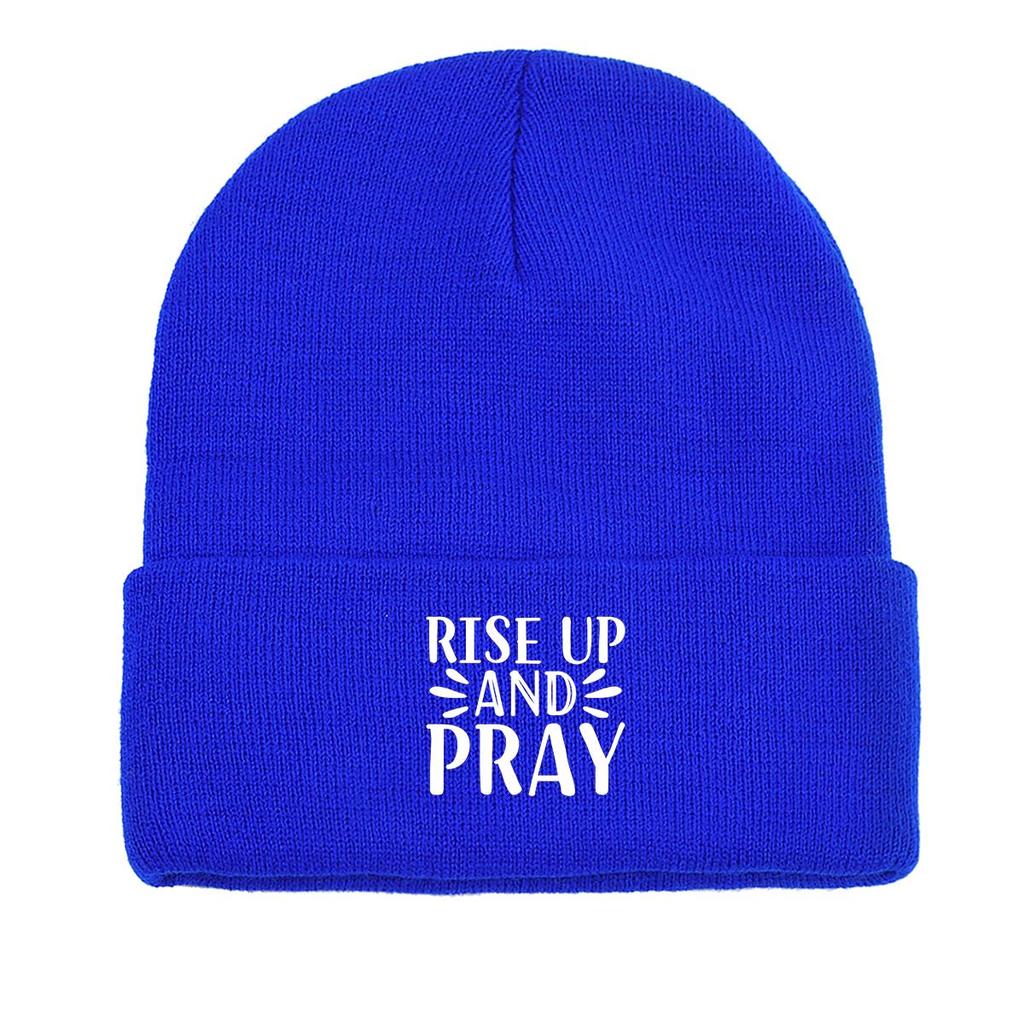 RISE UP AND PRAY" Print Knitted Hat Beanie, Skullies Beanies Warm Cozy Stylish Headwear Knit Cap Beanie