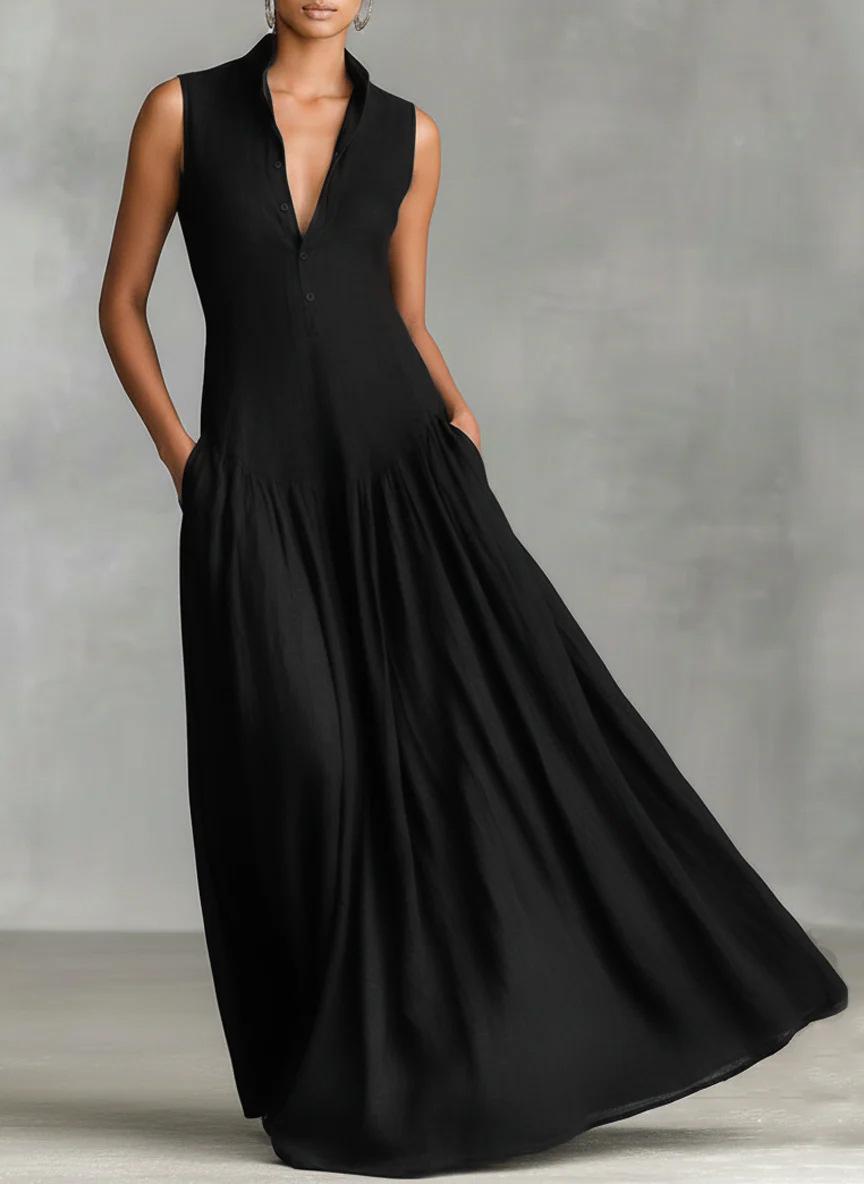2026 spring new French classic black temperament Muse Fan slim and thin V-neck long sleeveless dress S