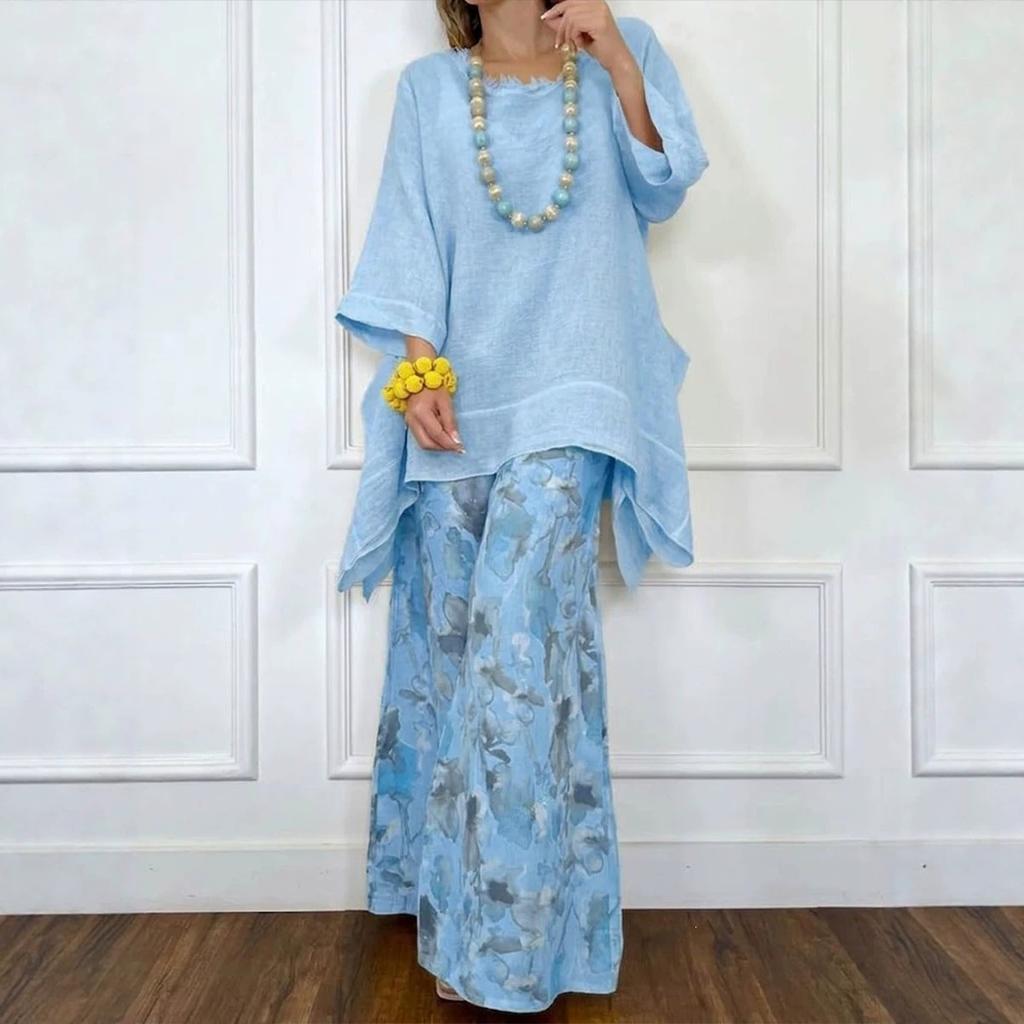 European and American new women's casual cotton and linen irregular top wide-leg pants set