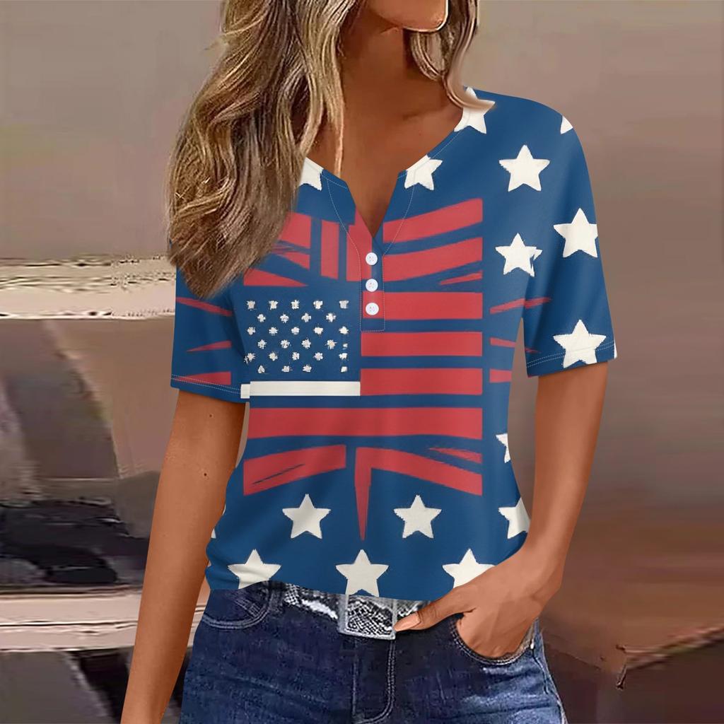 Women's T Shirt Tee Print Button Short Sleeve Daily Weekend Fashion Basic V- Neck Regular Top