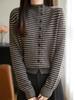 Striped Color Block Stand Collar Knit Cardigan - Women's Irregular Diagonal Placket Wool Sweater for Autumn/Winter.