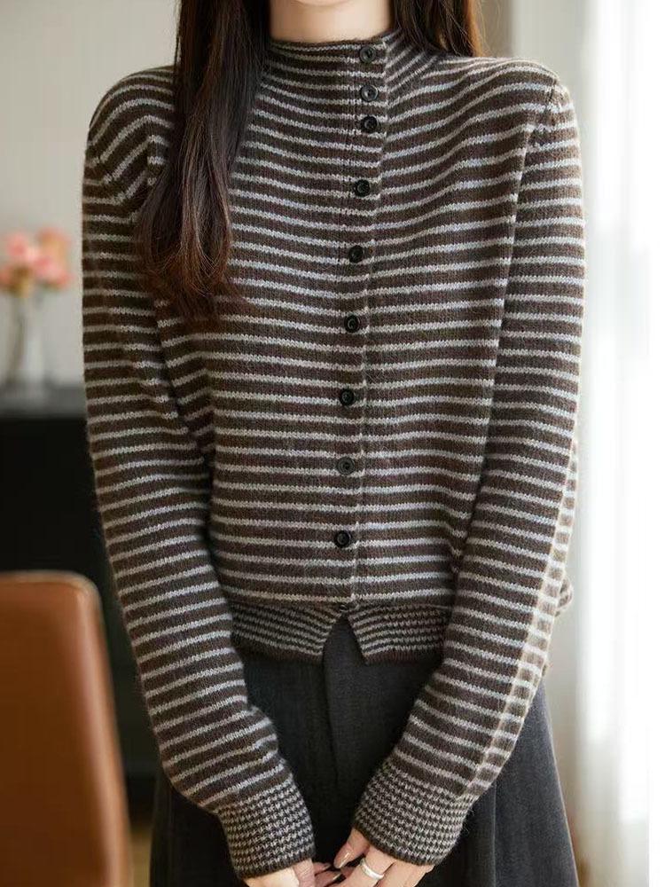 Striped Color Block Stand Collar Knit Cardigan - Women's Irregular Diagonal Placket Wool Sweater for Autumn/Winter.