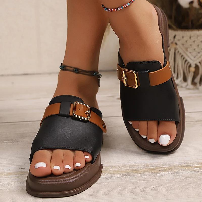 Fashion Pu Leather Platform Slippers Women Summer Fashion Buckle Thick Bottom Sandals Woman 2025 Square Toe Med Heels Sandalias Mujer
