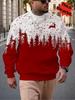 Winter Men's Trendy Round Neck Pullover Sweatshirt Red and White Contrasting Pine Forest Reindeer Christmas Theme Pattern Top