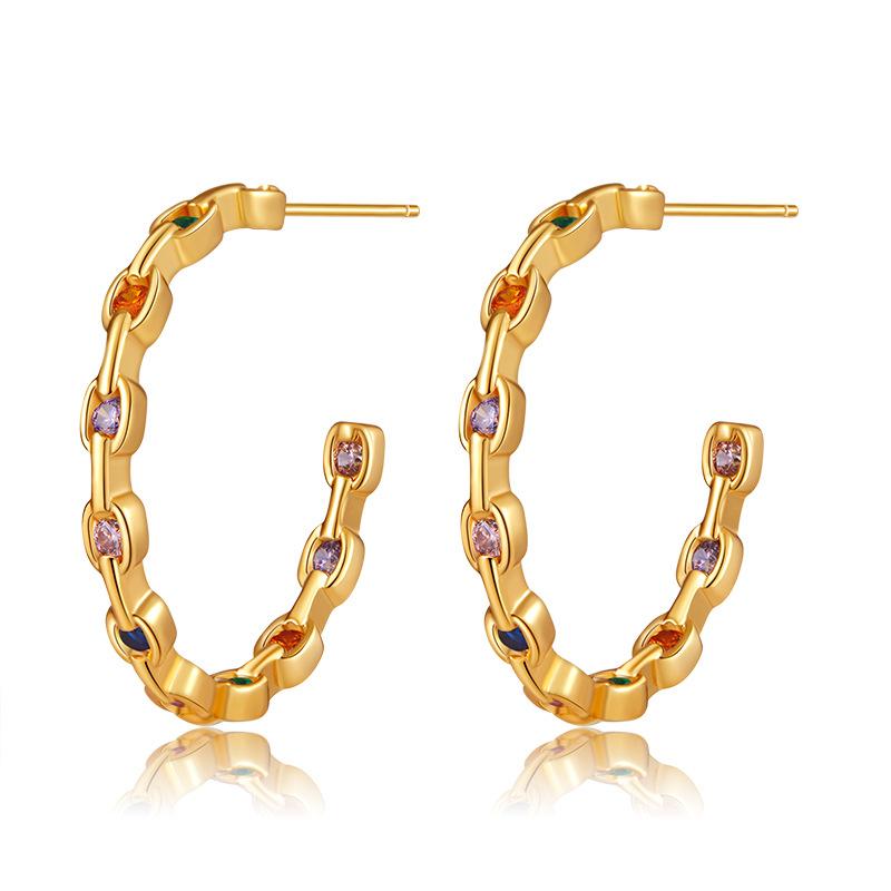 Large Open C Shape Zircon Inlaid 18k Gold Plated Metal Texture Stud Earrings For Women