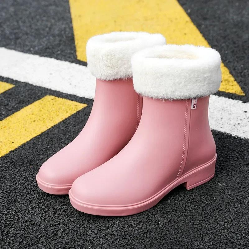 Women Rain Boots  Korean High-heel Fashion Outdoor Short Tube Rain Boots Waterproof Shoes Warm Cotton Anti Slip Ankle Boots 2025