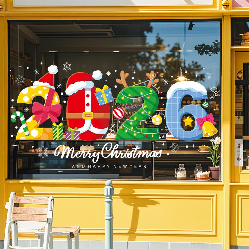2026 New Christmas Decorations Happy New Year Snowman Pinecone Electrostatic Stickers Santa Claus Party Glass Stickers