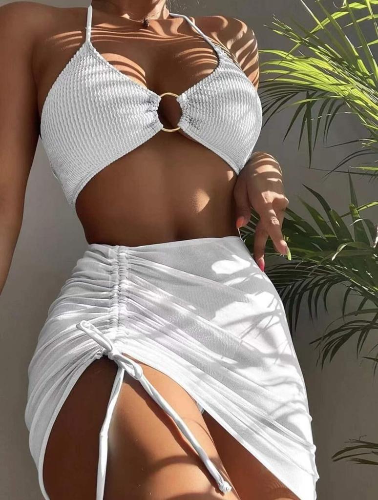 2024 Ruffled Steel Ring Bikini Three-Piece Set - European & American Women's Swimsuit