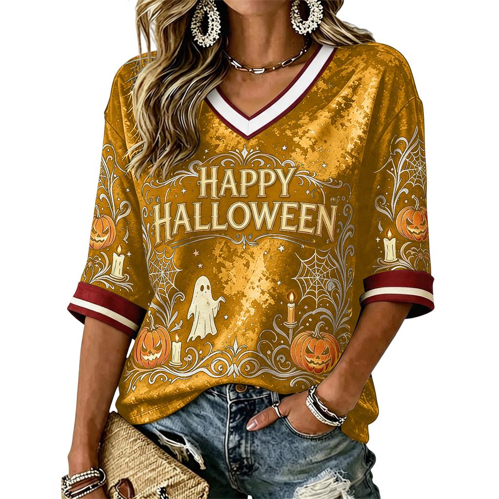 Women's Casual Halloween Printed V-Neck T-Shirt for Festive Occasions and Everyday Wear