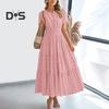 Women's Summer Maxi Dress Casual V-Neck Short Sleeve Tiered Flowy Dress Smocked Waist Pleated Long Dress