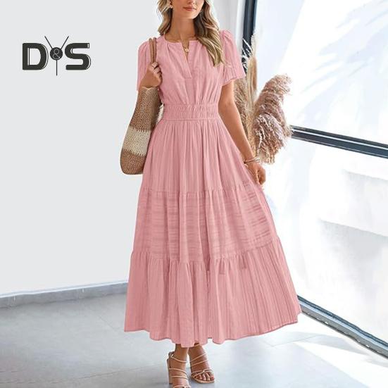 Women's Summer Maxi Dress Casual V-Neck Short Sleeve Tiered Flowy Dress Smocked Waist Pleated Long Dress