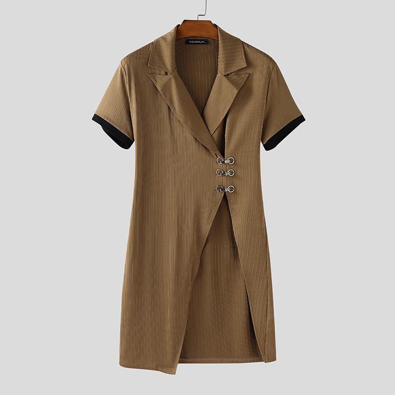 

INCERUN Мужские футболки с коротким рукавом, боковыми разрезами, рубчатые, облегающие туники S коричневый