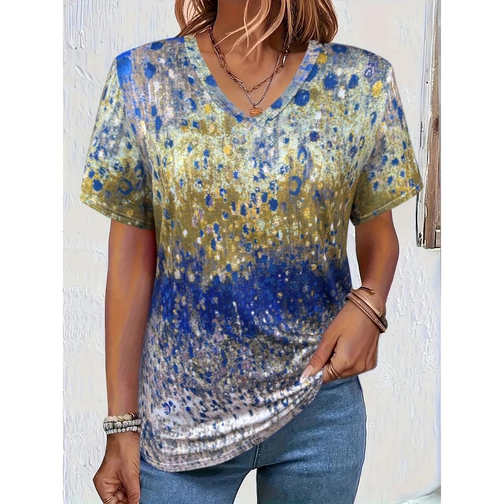 Camiseta mujer verano casual elegante simple cuello pico manga corta estampado floral top suelto ropa casual señoras camiseta