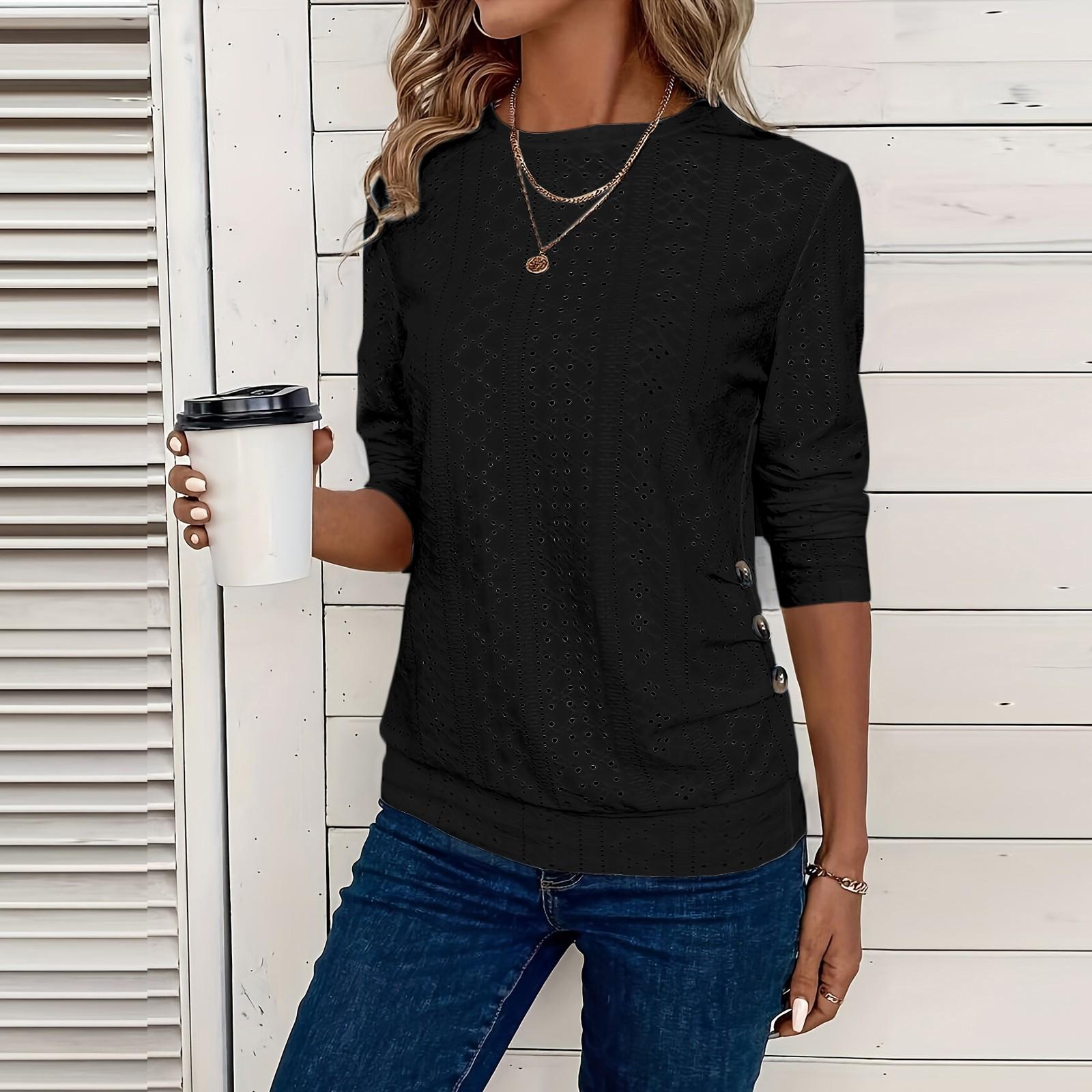 

T Shirts Long Sleeve Round Neck Tees For Women Fashion Tops Lightweight Soft Casual Shirt L чорний