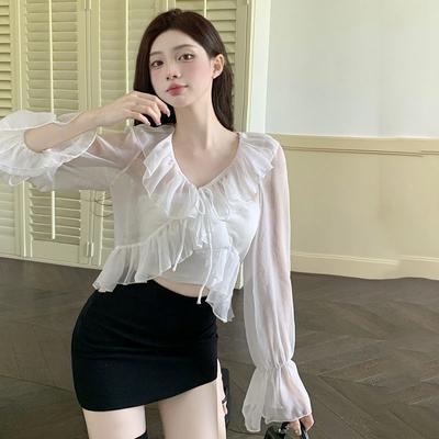 Sonnenschutzhemd für Damen, Strickjacke, Sonnenschutz, kurze Schnürung, Rüschen