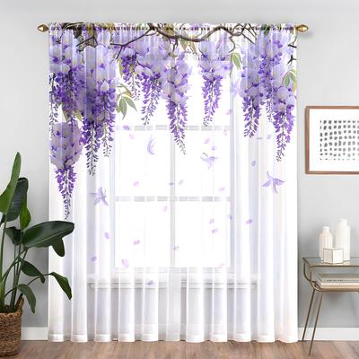 1 pièce Rideaux Délicats Fleur de Glycine Transparent - Motif Floral Violet avec Feuilles Vertes, Passe-tringle en Haut pour Salon, Cuisine, Chambre, Balcon