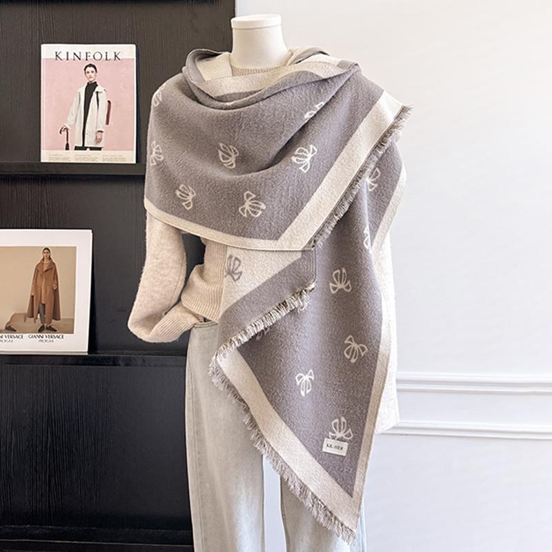 Luxury  Women S Cashmere Scarf - Winter Warm Tasseled Bow Print Pashmina Shawl