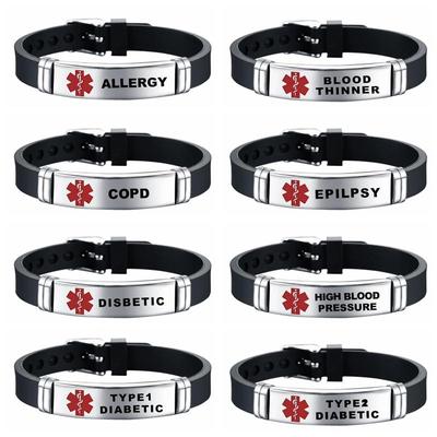 Pulsera de identificación de alerta médica pulsera ajustable grabada con láser para hombres y mujeres pulsera de primeros auxilios de emergencia