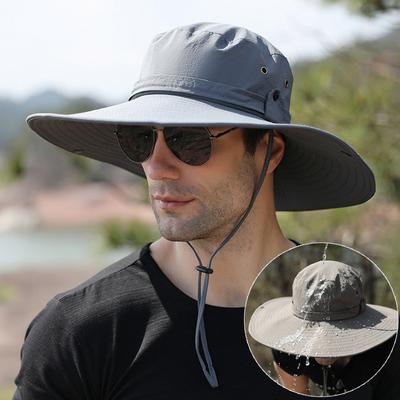 12cm Big Brim Men Sun Hat Summer Solid Color Breathable Bucket Hat Waterproof Foldable Outdoor UV Protection Fishing Beach Cap
