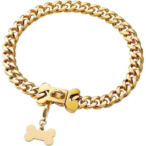 15mm Wide Strong Stainless Steel Bone Style Buckle Gold Dog Chain Collar,18K Gold Plated Cuban Link Chain Dog Necklace Collar for Medium Large Dogs - 12 Inch