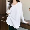 White U-neck Long Sleeve Loose Mid-length Base Shirt for Women with Spring and Autumn Pure Cotton Slit Body Cover Butt Top
