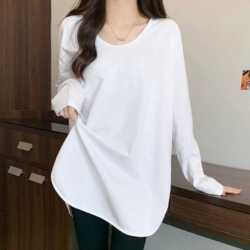 White U-neck Long Sleeve Loose Mid-length Base Shirt for Women with Spring and Autumn Pure Cotton Slit Body Cover Butt Top