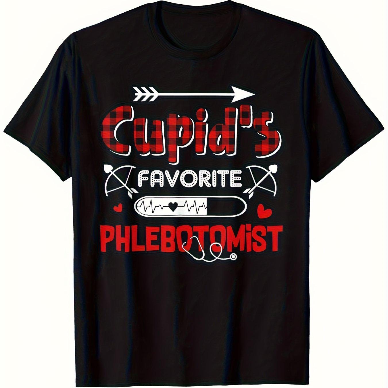 Cupid s Favorite Phlebotomist Red Plaid Valentine s Day Graphic Print Cotton T-Shirt Casual Daily Wear S