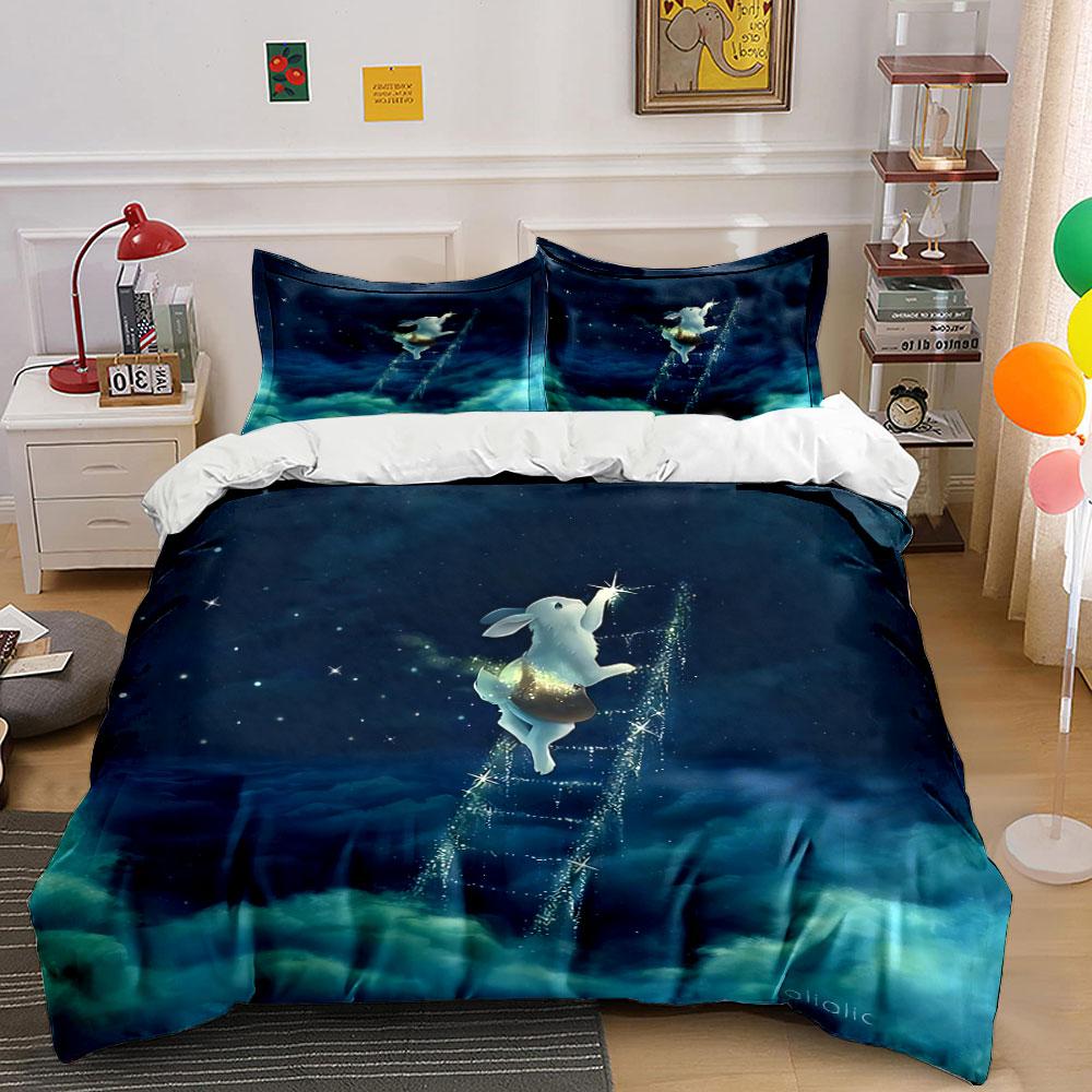 Starry Night Rabbit Decor Set Soft Comfortable Duvet Cover Bedding Set Included 1*Duvet Cover & 2*Pillowcases, Gift