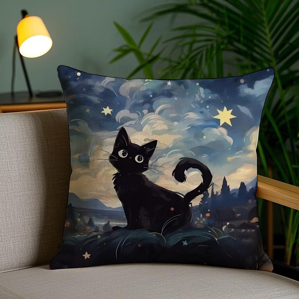 Black Cat Cushion Cover Soft Short Plush Double-Sided Printing Home Decor Machine Washable Pillow Case Gift