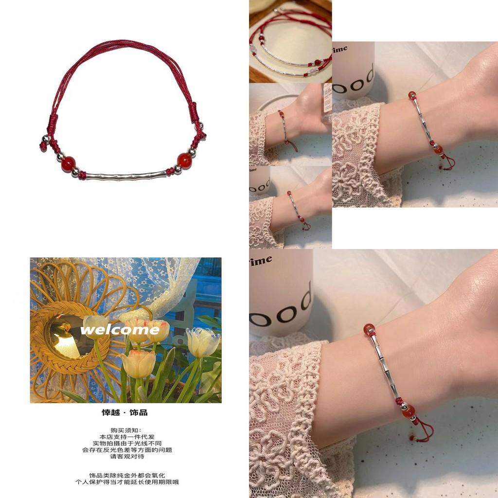 Elegantes handgefertigtes rotes Seilarmband für Damen mit Bambus-Anhänger im chinesischen Stil