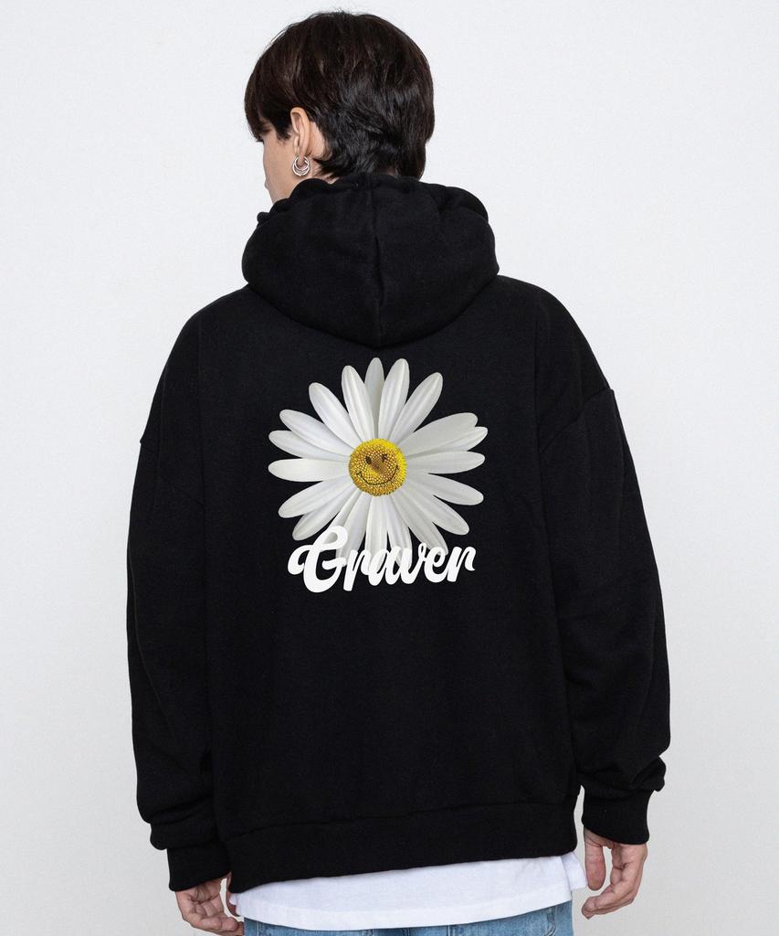 [Unisex] White Daisy Flower Smile Hoodie_Black