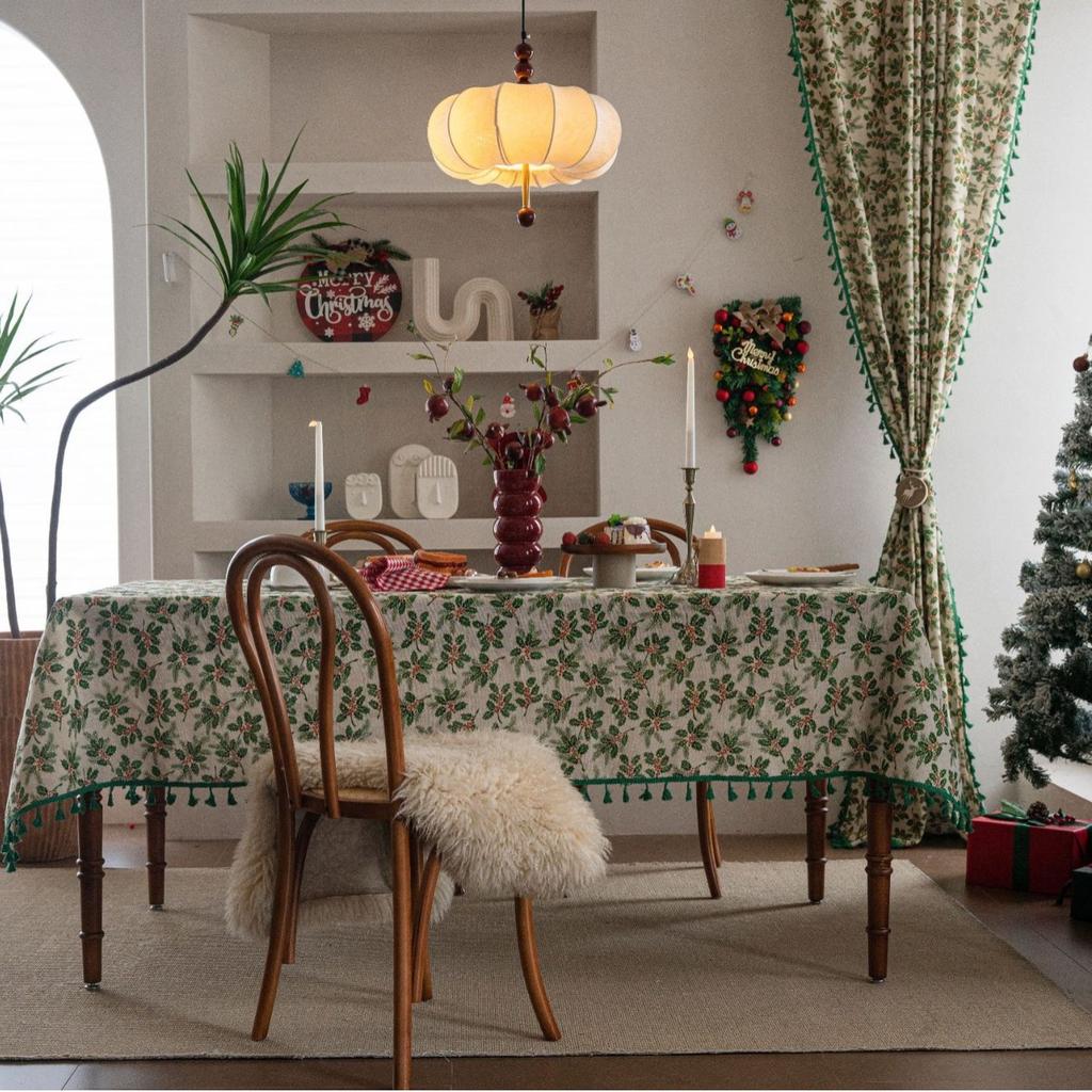 Tablecloth Christmas Holly Leaf Bronzing Berry Print Festive Table Cloth Cover Coffee Table Rectangle