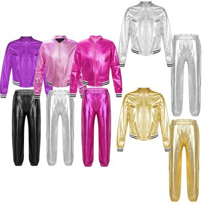 Girls Boy Hip Hop Street Dance Clothes Shiny Metallic Long Sleeves Bomber Jacket and High Waist Pants Set