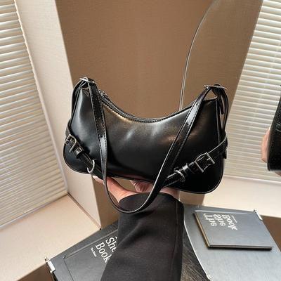 New Retro Solid Color Belt Zipper Fashion Shoulder Underarm Bag Premium Feeling Baguette Bag Messenger Bag