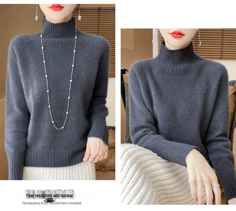 Women's High-Neck Thick Wool Pullover - 100% Pure Wool, Double-Ply for Autumn/Winter Layers