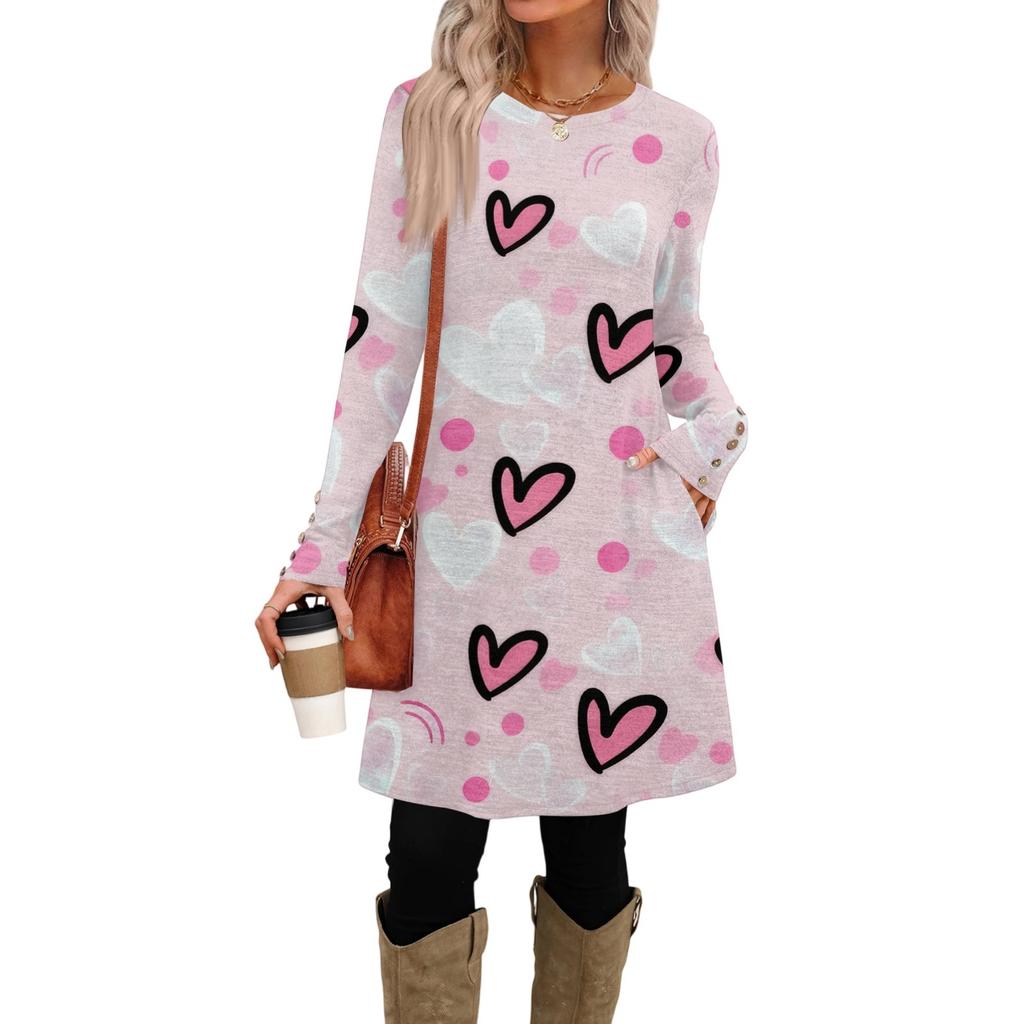 Women's Fashion Casual Pocket Decorative Button Dress Round Neck Long Sleeve Printed Dress