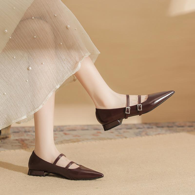 29816 [sheepskin] flat shoes women's thick heel 2025 new pointed temperament word with Mary Jane single shoes