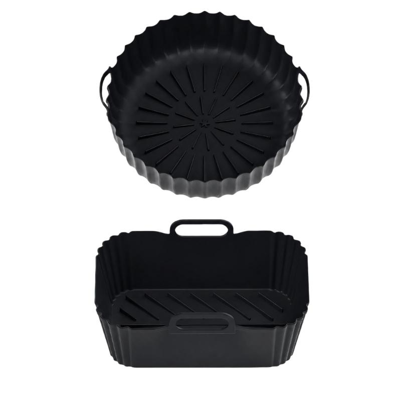 Round and Square Cooking Basket Trays in Reusable Silicone with Grip Handle Design and Crumb Collecting Base Pair