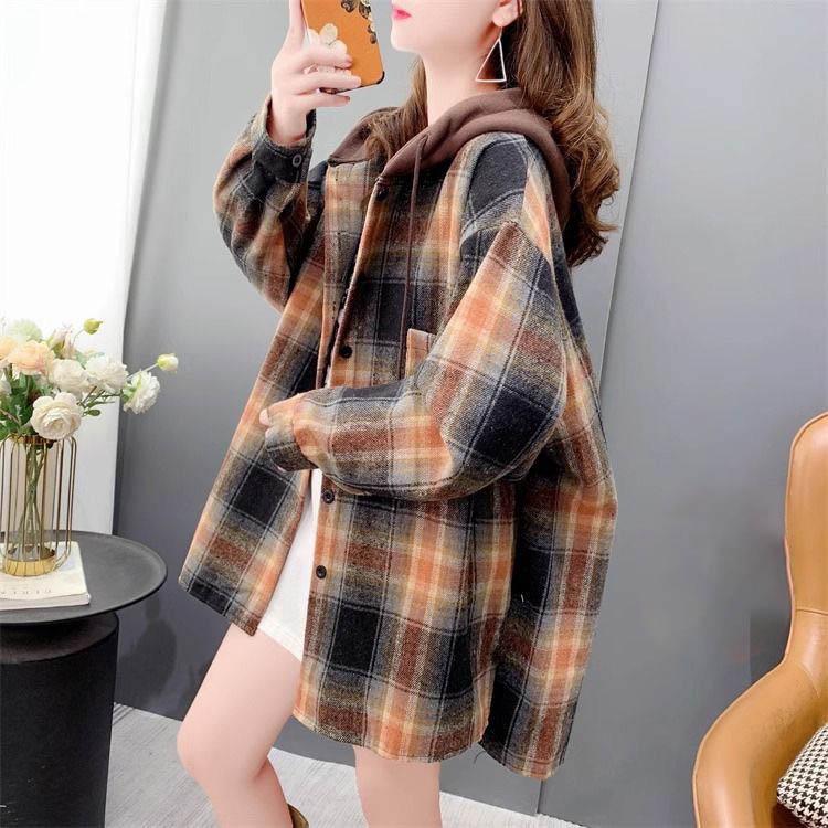 Thickened Jacket Female Winter Hooded Padded Shirt Loose Medium-length Casual Versatile Hooded Plaid Jacket Top Coat