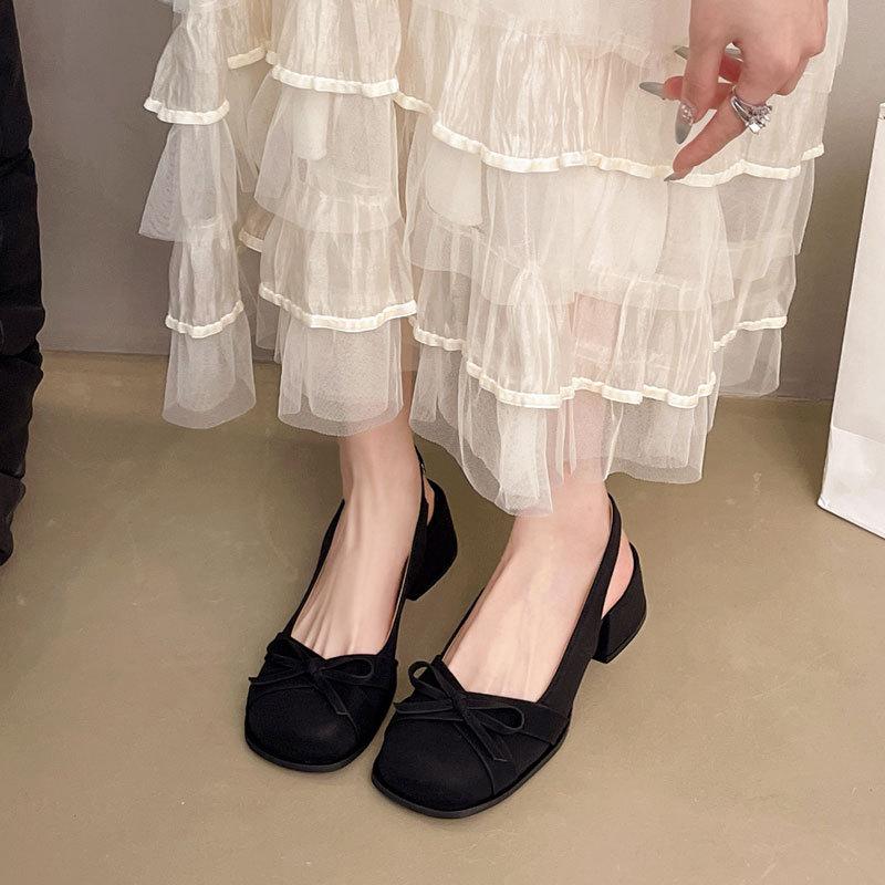 Fashion Pink Mary Jane Women's Shoes Thick Heel Summer New Bow Satin Bag Head Empty Sandals Women