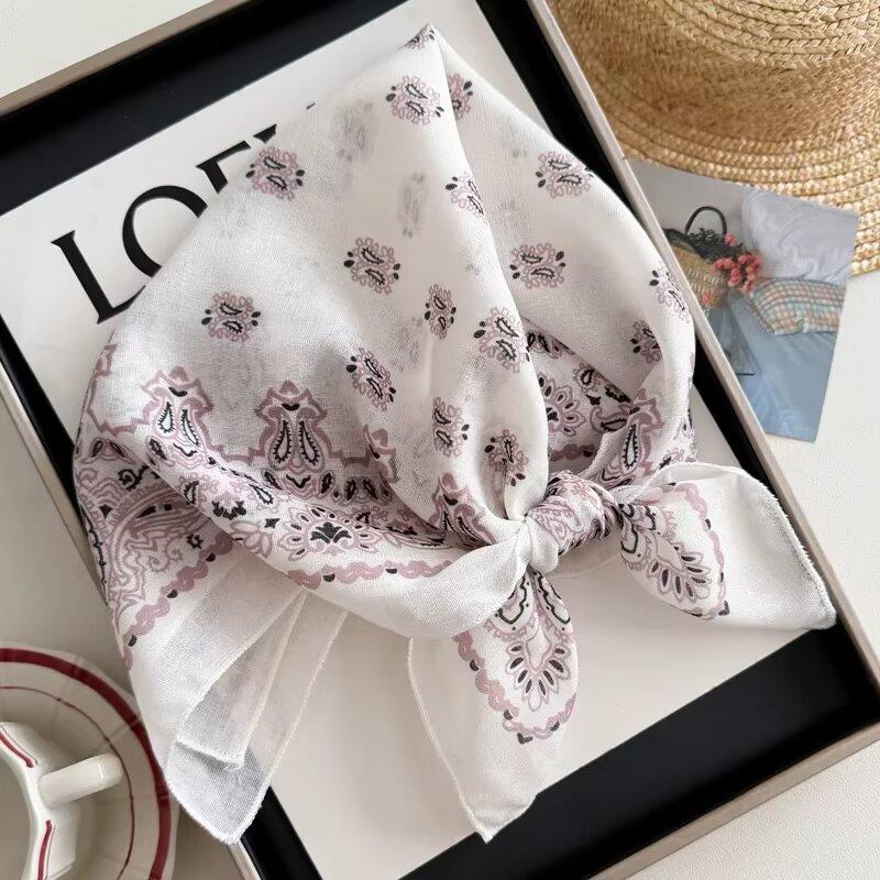 Cotton and linen geometric polka dots retro printed silk scarf women's square scarf high-end shawl sunscreen neck scarf headscarf scarf