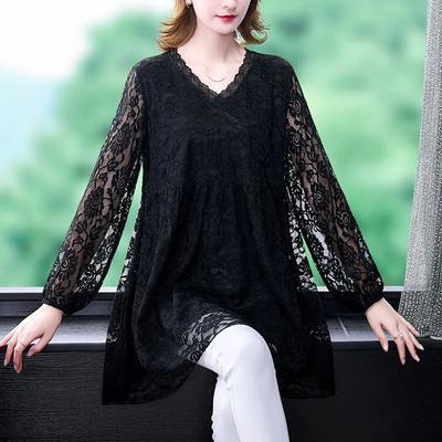 Frühling Große Größe Spitze Bottoming Shirt Mittleren Alters Mutter Langarm V-Ausschnitt Tops Lose Mittellange Frauen T-Shirt