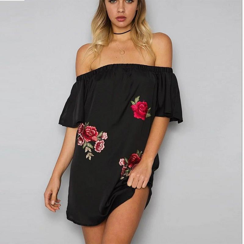 Elegant Floral Embroidered Off Shoulder Dress With Stylish One Shoulder Design